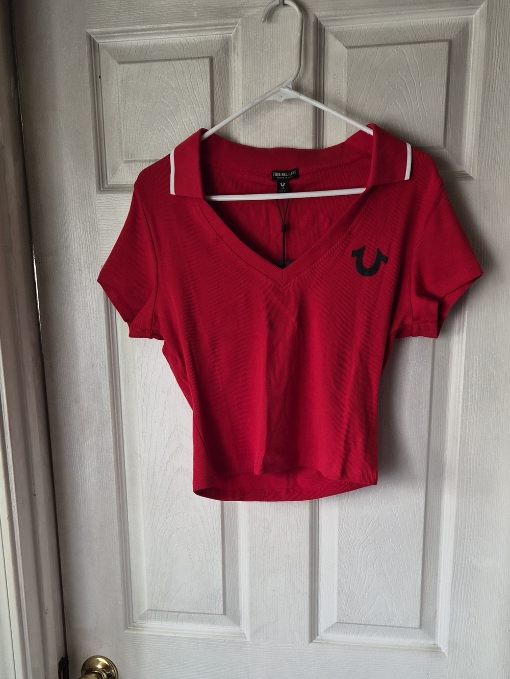 True Religion Red V-Neck Polo Crop Tee with Contrast Trim